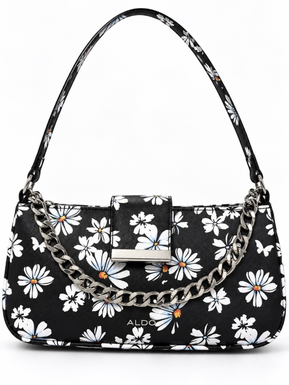 ALDO Daisy Floral Shoulder Bag Black White Chain Baguette Purse NWT